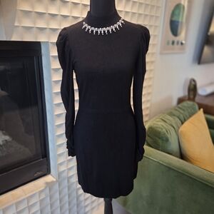 Karen Millen Black Puff Long Sleeve Dress with Pearl Necklace Accent, Size 8